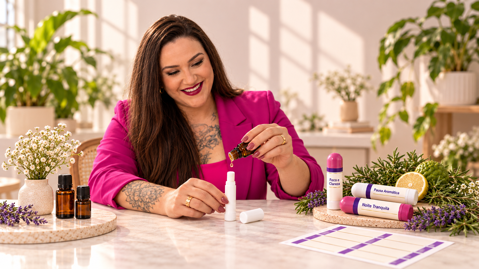Chris Acioli, de blazer magenta, sentada à mesa com vidros e potes de produtos feitos com óleos essenciais.