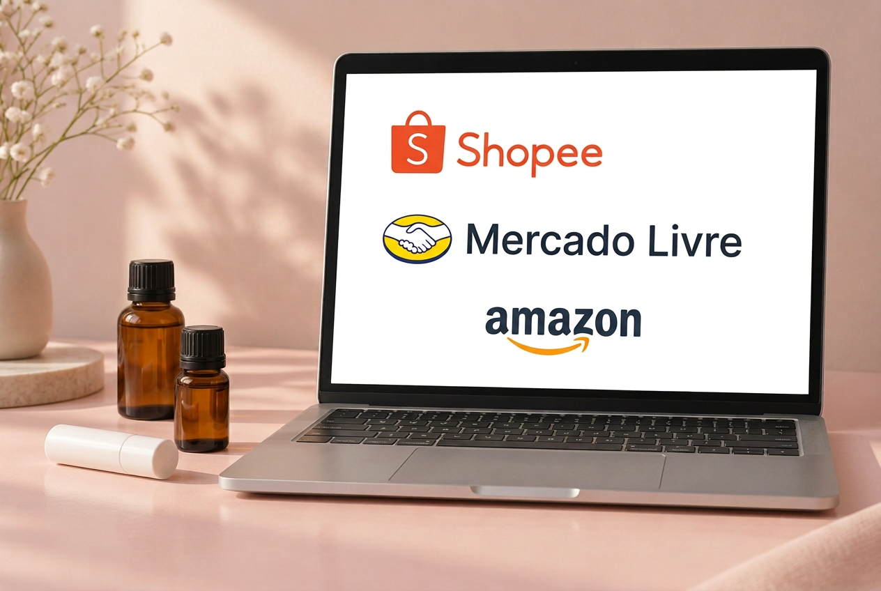 Lista de fornecedores de materiais e óleos essenciais aberta em um notebook.