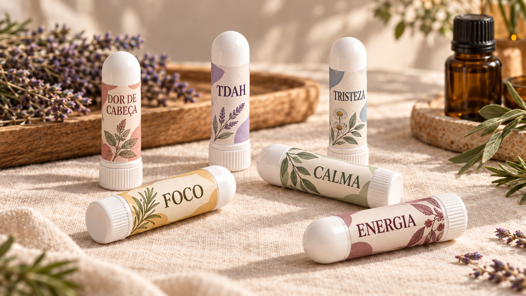 Inaladores com etiquetas personalizadas: Dor de cabeça, TDAH, Tristeza, Foco, Calma e Energia.